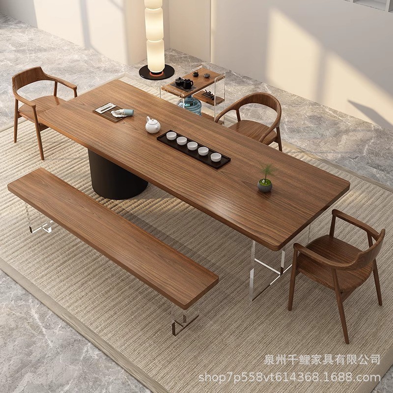 简约实木泡茶桌椅组合侘办公室风原木亚克力茶台家用客厅寂喝茶桌