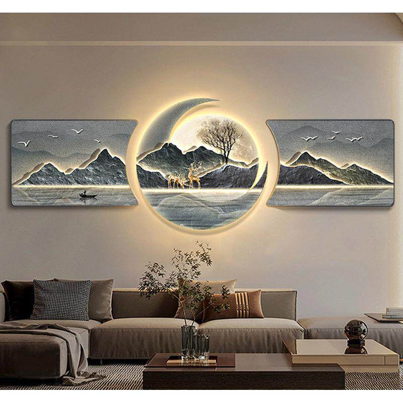 背有发光客厅装饰画led靠山氛围灯画轻奢壁画福禄沙发背景墙挂画