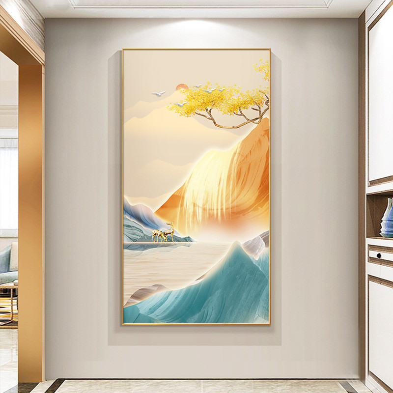 入户玄关装饰画金瀑抽象麋鹿挂画寓意好的轻奢大气走廊过道壁画图片