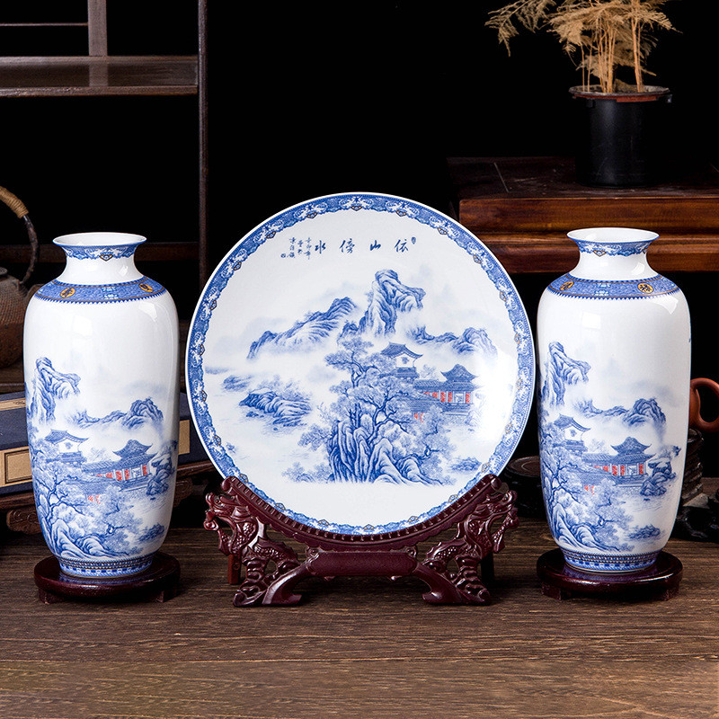 陶瓷花瓶瓷器装饰挂盘景德镇三件套客厅现代新中式家居装饰品摆件