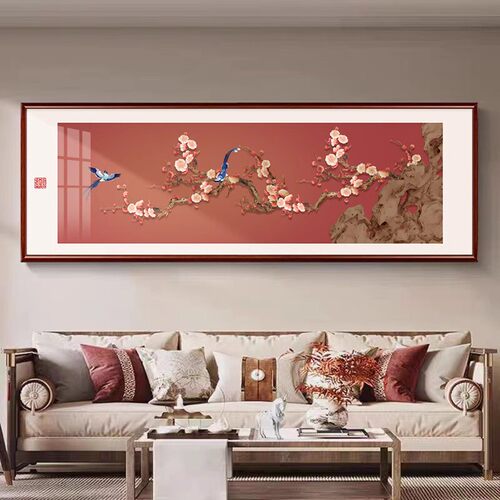 喜上枝头客厅装饰画新中式高级感沙发背景墙挂画横幅喜庆花鸟壁画