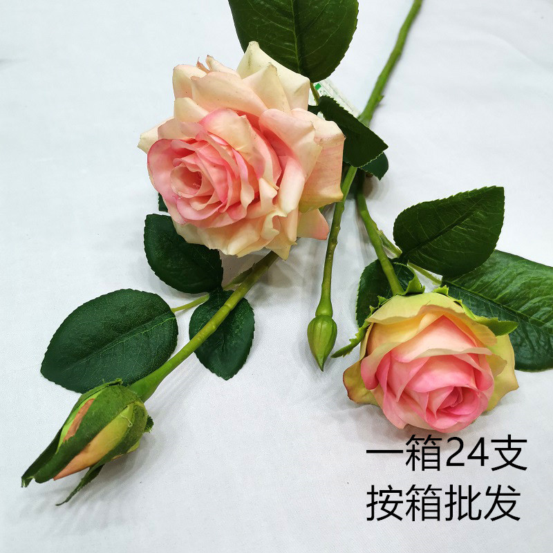 批发湿感仿真花3头摄影卷边玫瑰花轻奢高级感婚庆家居多层装饰花