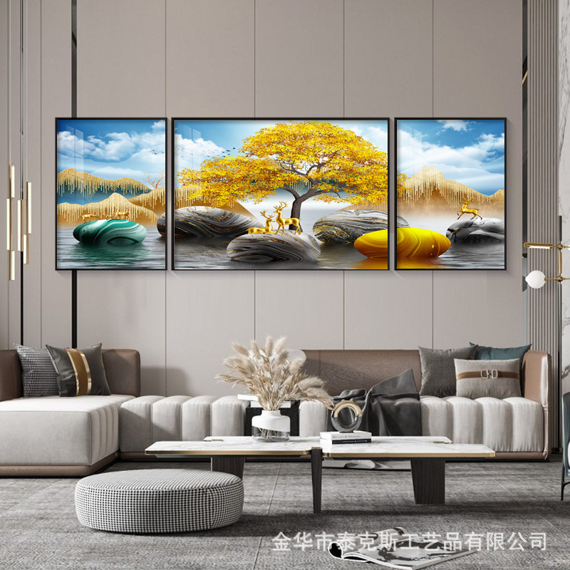 客厅装饰画沙发背景墙挂画轻奢壁画抽象艺术麋鹿三联画晶瓷画现代图片