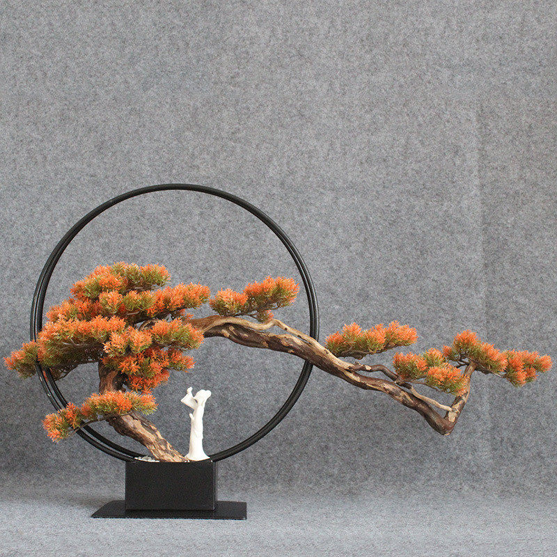 四季摆件仿真植物花架新中式仿真迎客松工艺款创意底座工艺品