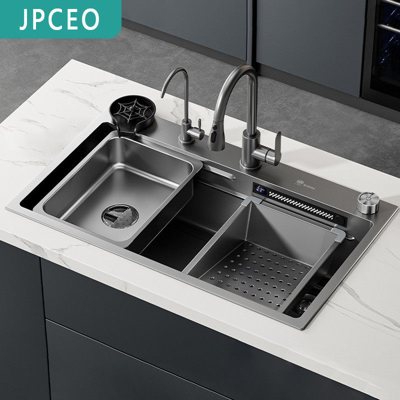 枪灰色数显瀑布大单槽水槽304不锈钢洗碗池 纳米多功能飘雨洗菜,家装主材,水槽套餐,淘宝优惠券,粉丝福利购,淘宝优惠卷