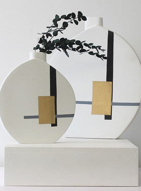 现代极简白色陶瓷摆件时尚扁鼓陶瓷花瓶软装摆设工艺品家居摆件