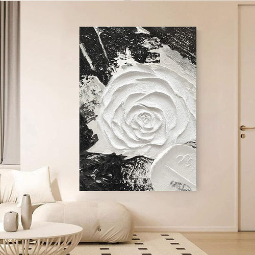 纯手绘油画玫瑰立体肌理黑白客厅沙发背景墙装饰画画极简轻奢壁画