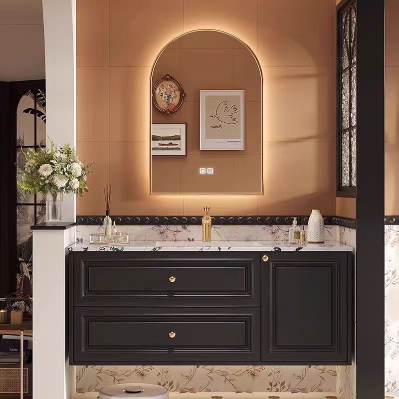 法式复古浴室柜组合橡木陶瓷弯卫生间美式洗手间岩板热一体洗手台