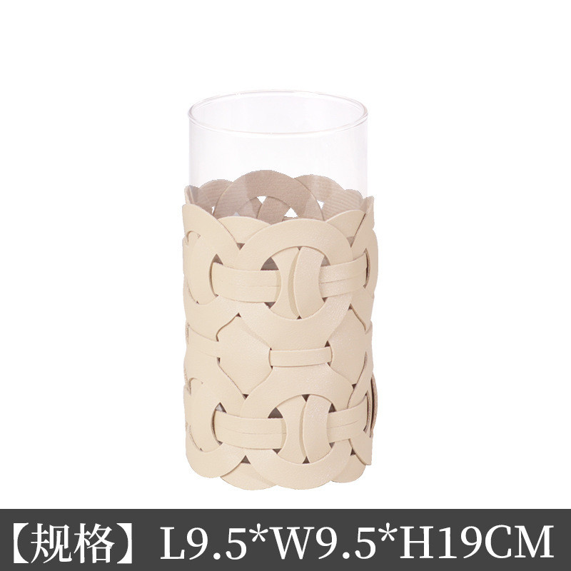现货北欧创意轻奢简约条纹装饰品创意客厅花瓶摆件皮革玻璃花插