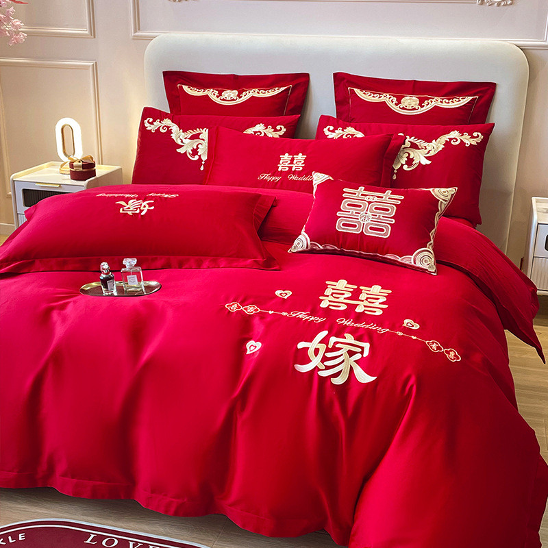 婚庆四件套大红龙凤刺绣新婚结婚喜庆床上用品套件被套百子床品