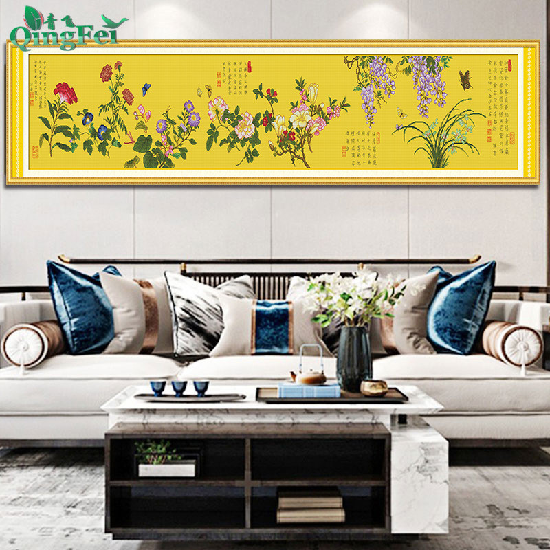 热销青飞精准印百花布图十字绣客厅大幅古典花卉图古娟布百花齐放