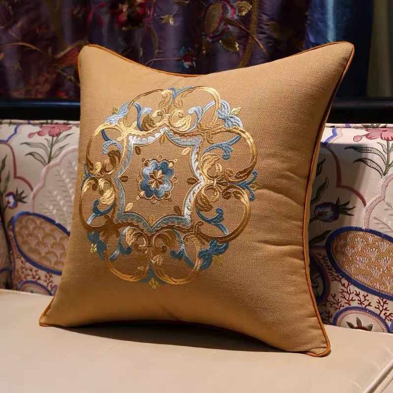 新中式抱枕棉麻亚麻刺绣沙发靠垫红木家具靠枕椅子腰枕床头靠背套