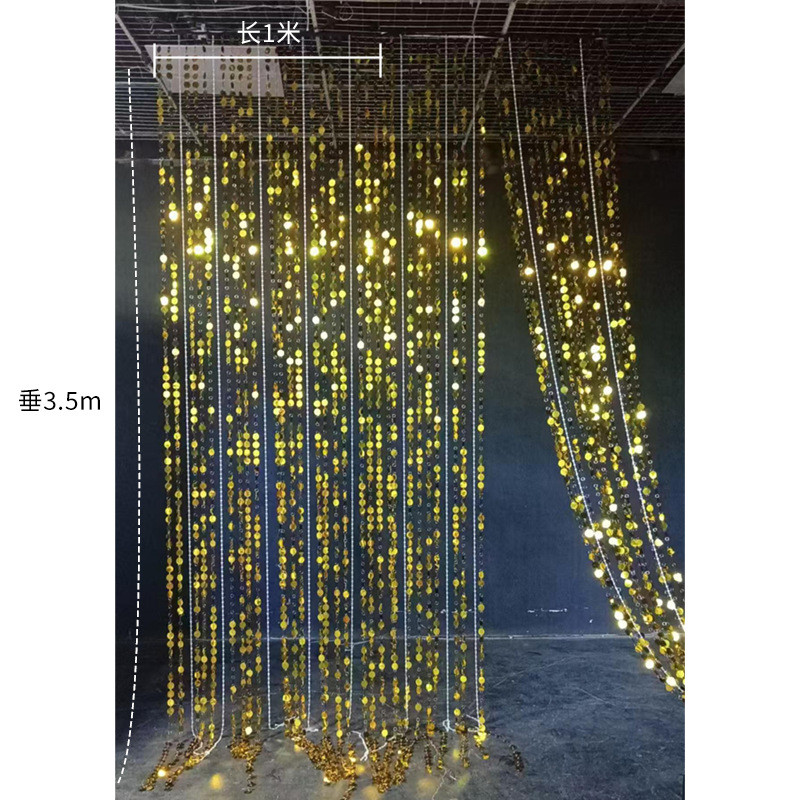 婚庆璀璨亮片吊顶金色珠帘挂件宴会厅舞台银色背景布置亚克力吊顶