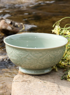 3rlm批发耀州窑仿大唐金碗中式刻花复古青瓷橄榄青瓷精品中号米饭