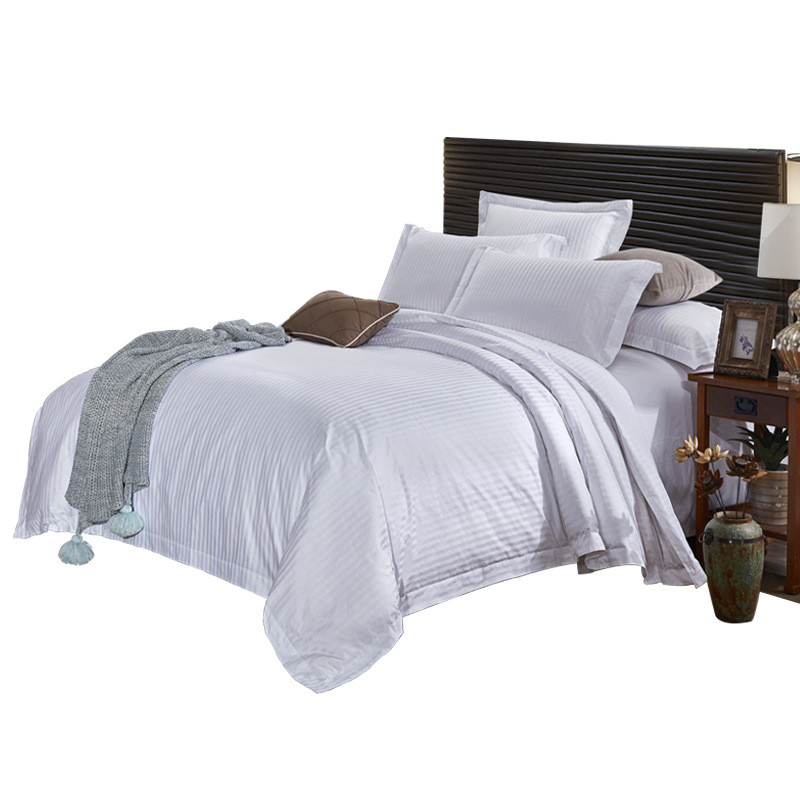 酒店布草宾馆床上用品1cm缎条工厂棉白色床单被套四件套定制批发