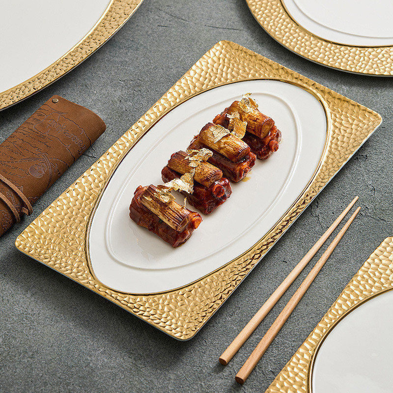热销盘子线条镀金鱼盘家用2024新款高端酒店餐厅创意特色木纹西餐