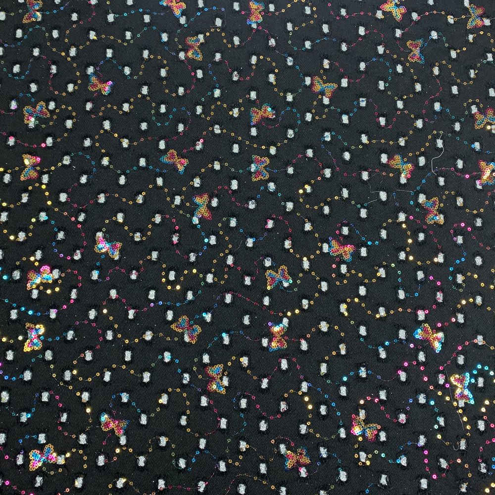 蝴蝶彩色创意破洞棉斜免水洗牛仔工艺牛仔厂家直销亮片牛仔面料