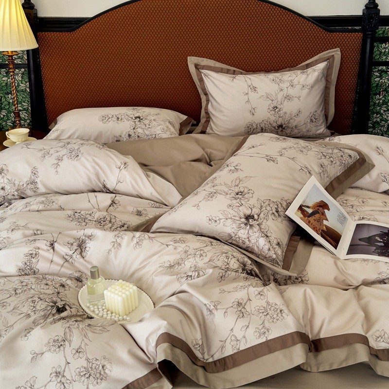 全棉数码印花被套新婚高级感床床上四件套中式复古120支长绒棉品