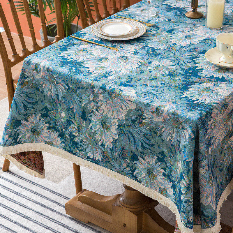 复古提花油画风餐桌布长方形茶几台布蓝色艺术感浪漫桌布布艺,居家布艺,桌布,淘宝优惠券,粉丝福利购,淘宝优惠卷