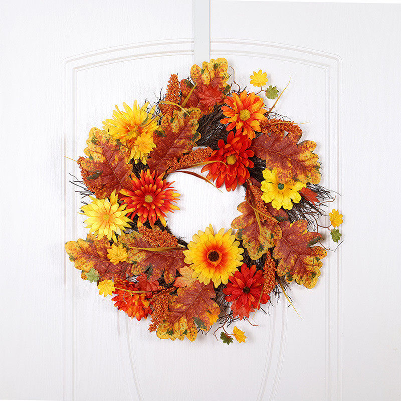 鸿禹秋色太阳编装饰花圈感恩节枫叶菊花花环壁挂丰收节麦穗门挂
