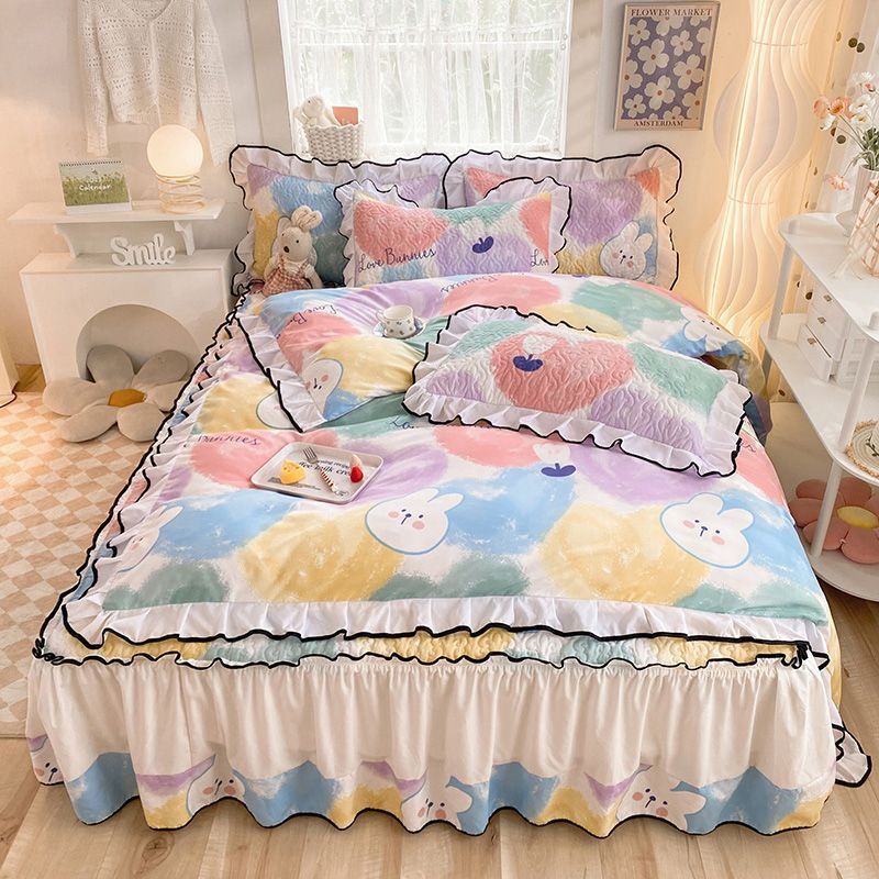 加厚四季通用肤夹棉床裙立体花边单件三件套四件套耐脏被套床罩亲