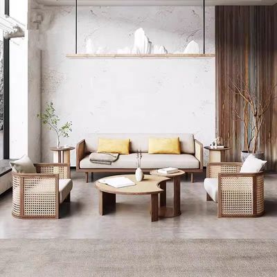 侘寂风酒店大堂编藤沙发新中式原木色实木民宿别墅会所接待沙发