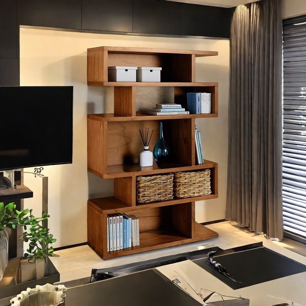 北欧书柜胡桃色书架落地实木现代简约置物架客厅展示架创意玄