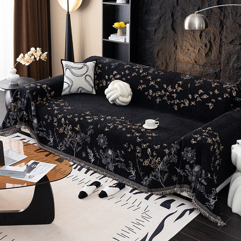 四季通用黑色沙发盖布防滑猫抓一片式雪尼尔沙发巾防耐脏沙发盖毯