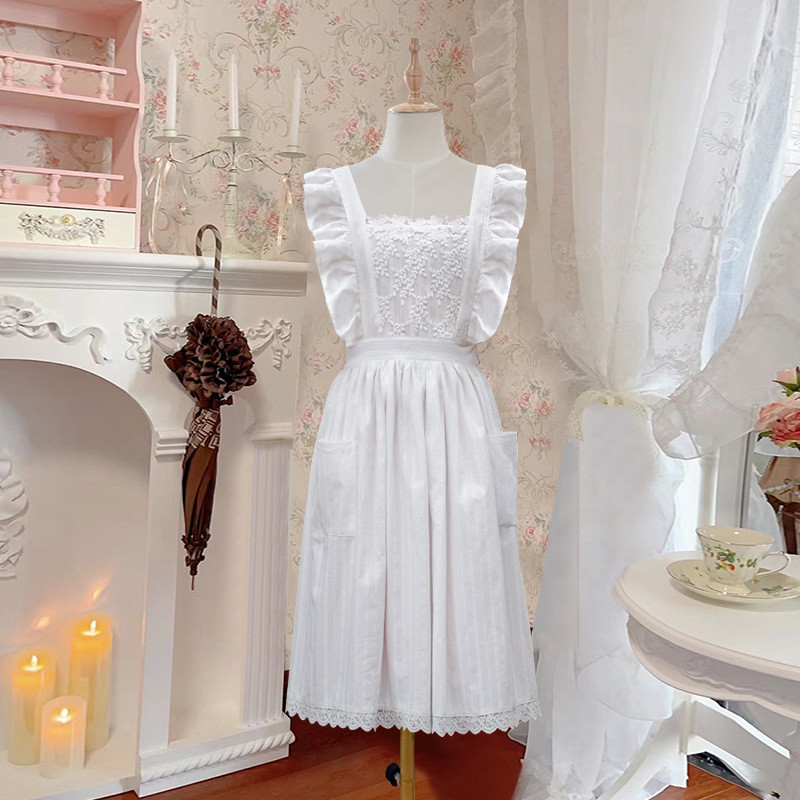 ins风白色蕾丝围裙园艺师花艺师防污围腰罩衣时尚白色文艺复古