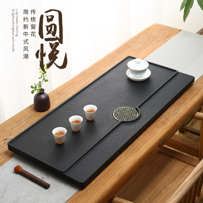 天然乌金石茶盘家用简约石头茶台整块大小号排水轻奢现代茶海托盘