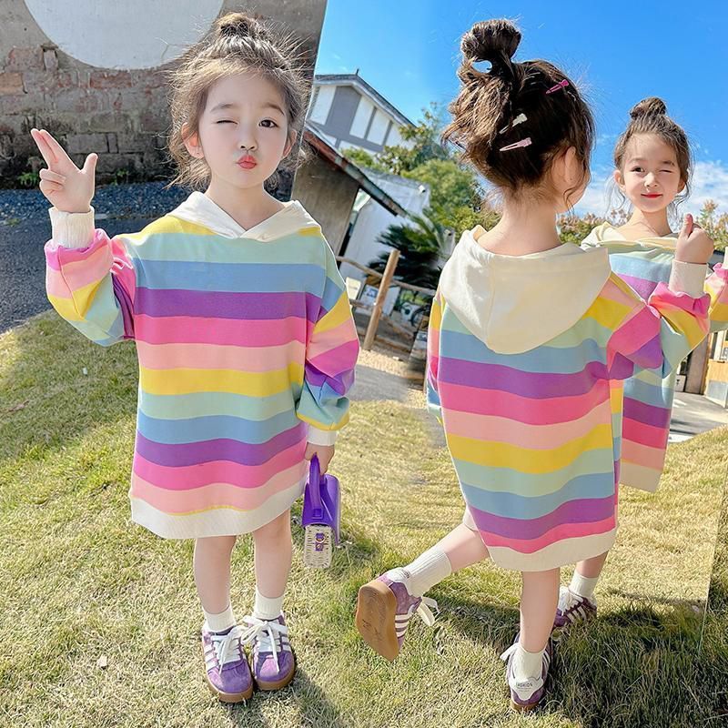 女童卫衣裙2025秋装新款女宝宝韩版洋气中长款彩虹条纹儿童连衣裙