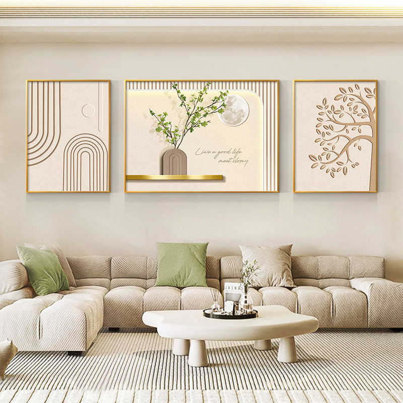 大气客厅装饰画高级感现代简约沙发背景墙挂画光影绿植三联壁画
