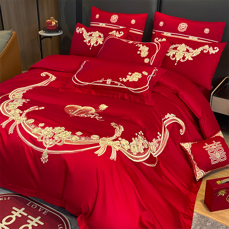 a524结婚四件套婚庆红色婚房喜被床上刺绣被套被单婚礼大红色床单