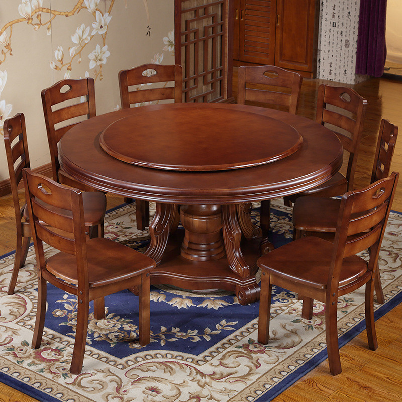 中式圆形餐桌椅组合8人实木带转盘圆餐桌饭店餐厅10人橡木大圆桌
