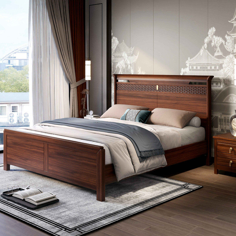 新中式乌金木实木床主卧室现代简约1.8米轻奢双人大床1.5储物高档