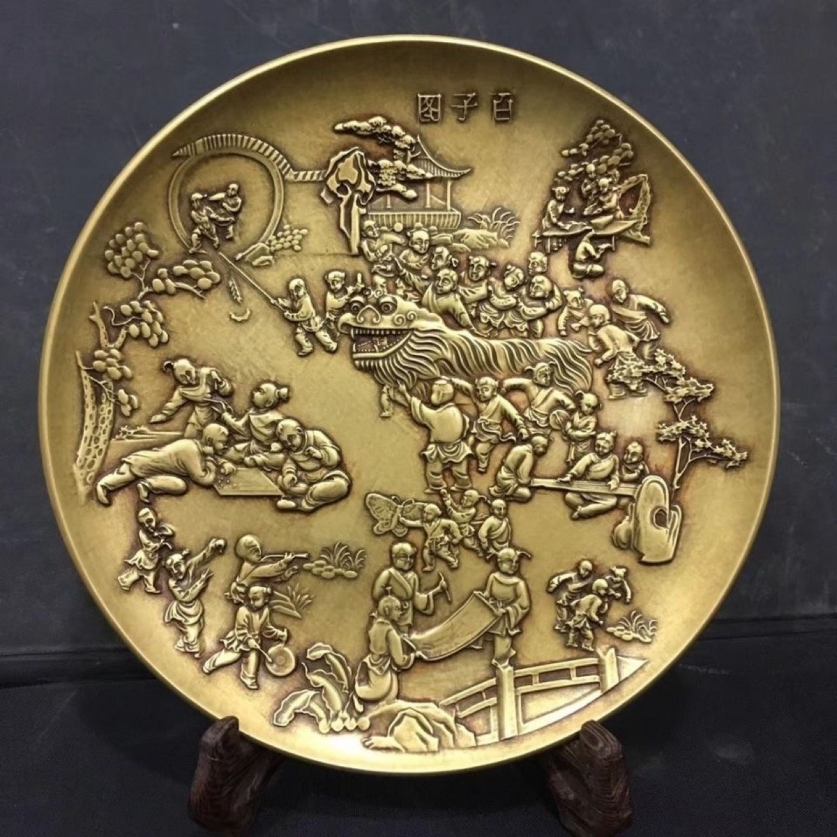 仿古碟古玩收藏纯铜百子图大盘子碟子摆件家居装饰铜盘铜铜器批发