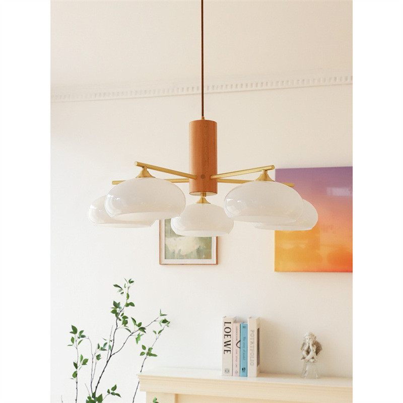 北欧原木风玻璃罩吊灯灯具奶油简约日式中古客厅卧室餐厅全铜法式