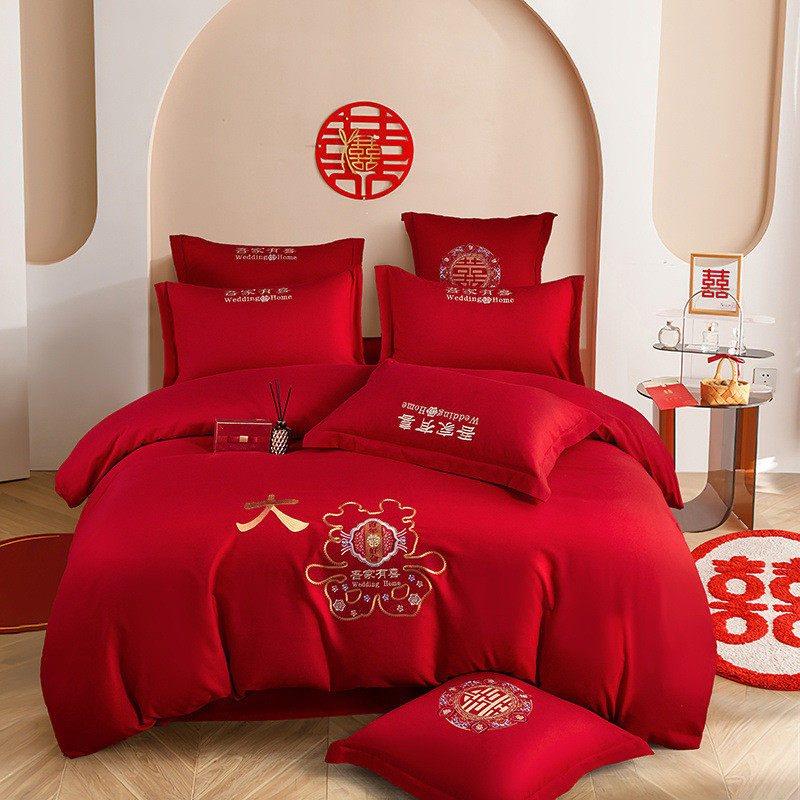 婚礼新婚庆四件套大龙凤刺绣被套喜结婚被子婚房床上用品六件厂家