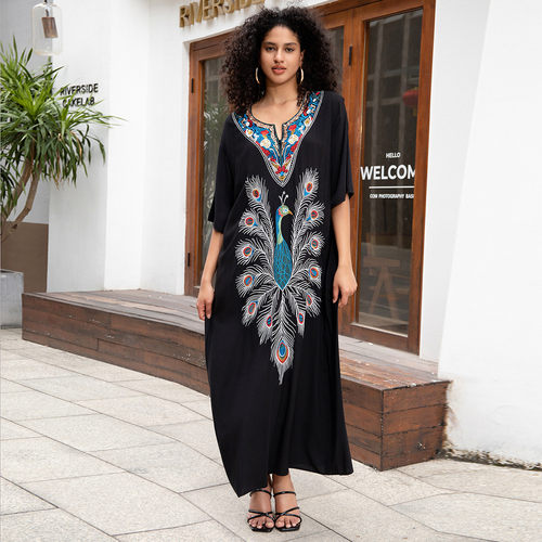 沙滩罩衫人棉绣孔雀图案度假长袍l23185l