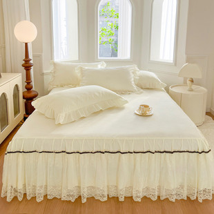 2024新款亲肤纯色床罩床裙款公主风磨毛蕾丝花边床围裙罩遮丑防滑