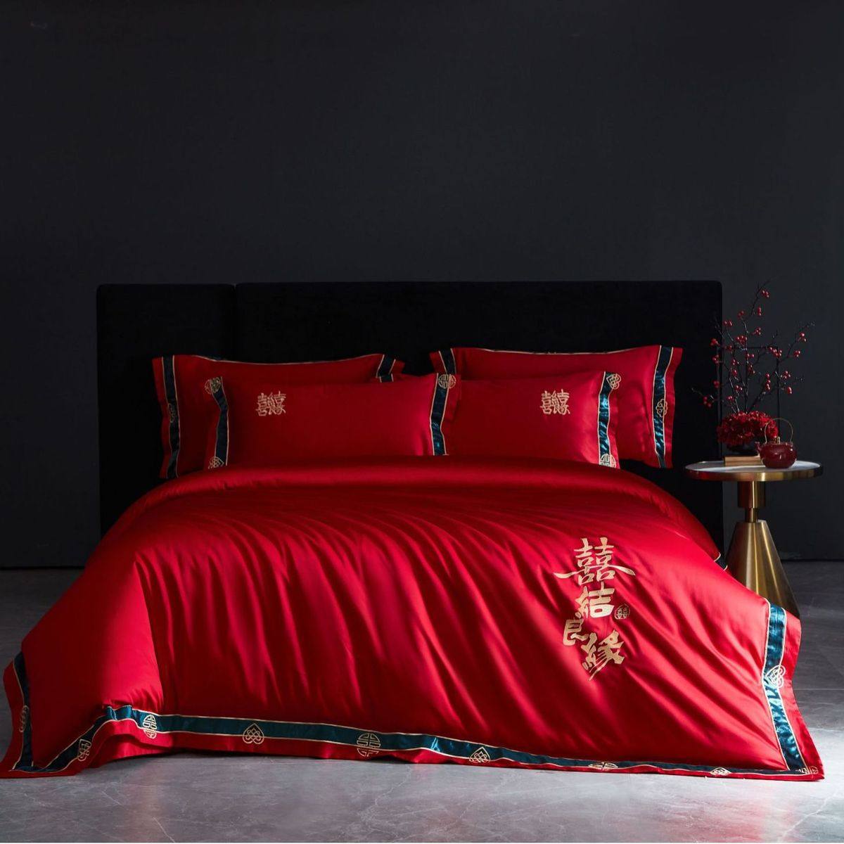 2023新款秋冬新中式长绒棉全棉100支婚庆床上用品陪嫁结婚四件套