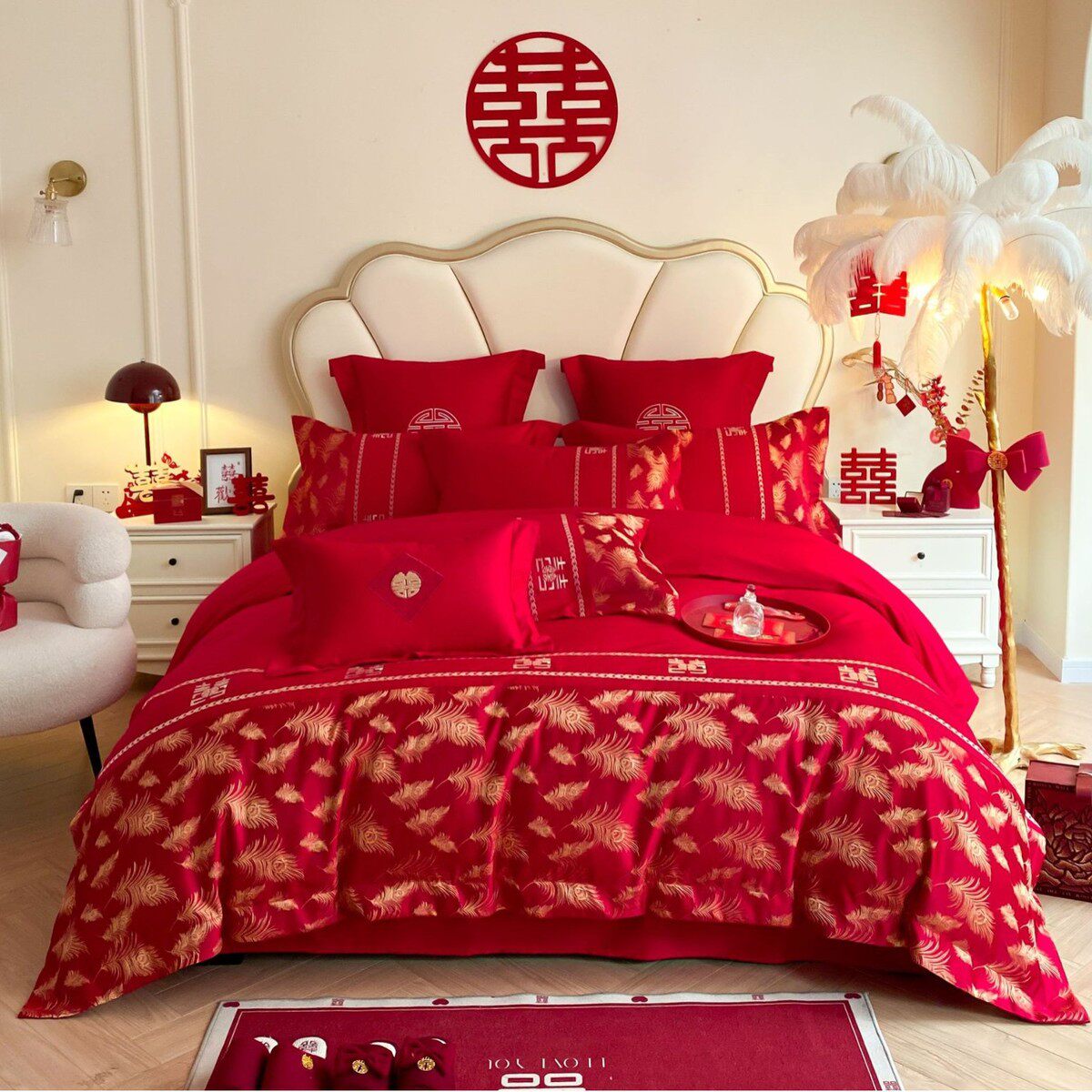 结婚床上用品刺绣澳棉磨毛婚庆四件套大红色床单被套多件套中式4