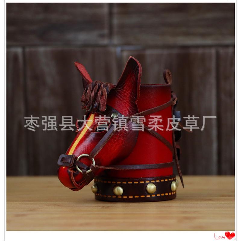 摆设小红马笔筒办公桌摆件办公室桌面头层牛皮收纳桶家居装饰礼品