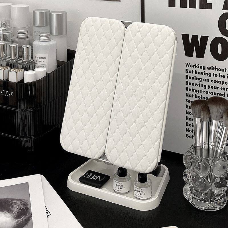 台式旅游化妆镜带灯收纳盒二合一体式折叠贝壳可调节镜子公主仙女