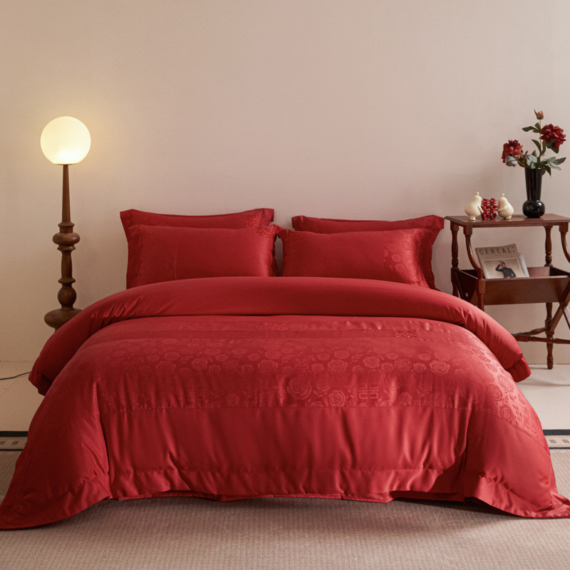 提花结婚四件套大红婚庆床上用品婚礼家纺绣花被套喜庆南通4件套