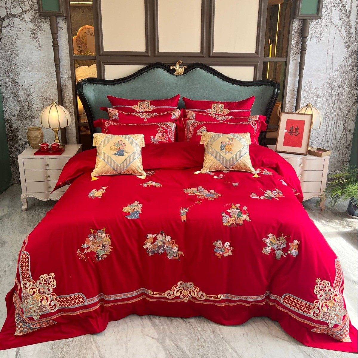 红色四件套刺绣婚庆家纺百子长绒棉早生贵子被套结婚床上用品陪嫁,床上用品,婚庆床品套件,淘宝优惠券,粉丝福利购,淘宝优惠卷