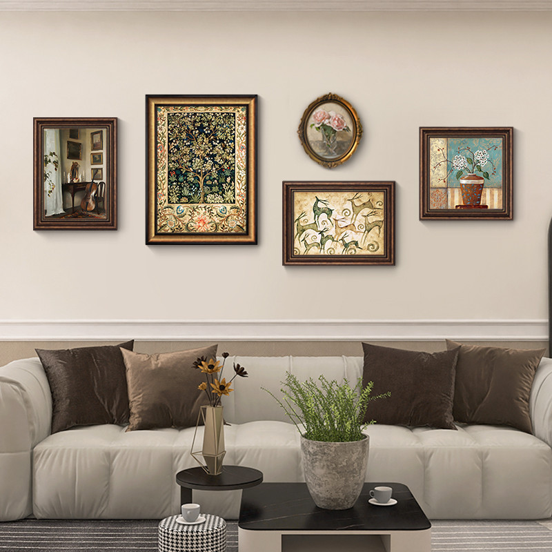 发财树组合】美式复古客厅挂画沙发背景墙组合装饰画大气餐厅壁画图片