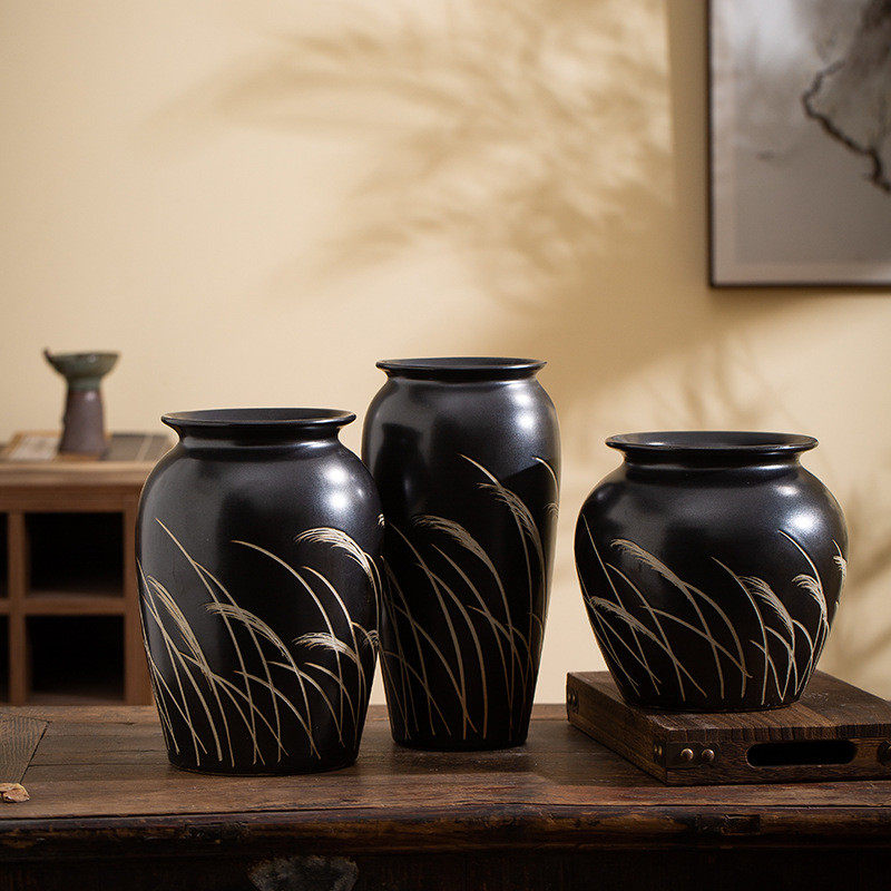 现代陶瓷花瓶花器客厅三件套摆件景德镇黑色家居装饰插花玄关小众