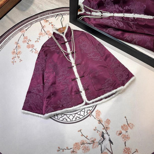 国风对襟盘扣棉服 人丝提花复古外套拼接水貂毛古典新中式 冬季 新款