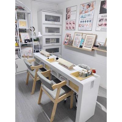 日式美甲桌子双人三人位美甲店装修带凹槽收纳盒吸尘器美甲台原木